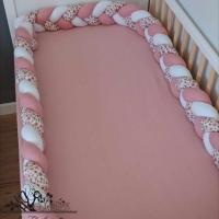 Tresse de lit fine de 3m en Minky Blanc / Gaze Vieux rose paillettes et Fleurs de Prairie