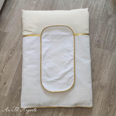 Housse matelas à langer : Gaze écru P + Nid d'Abeille Blanc (Sans Eponge !!)