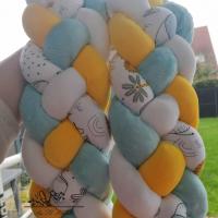 Tresse de lit 4 épis de 3m en Minky Blanc / Jaune / Bleu ciel bulles et Motifs Lion et Elephant